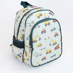A Little Lovely Company Backpack, Insulated Front Pocket - Light Blue with Vehicles
