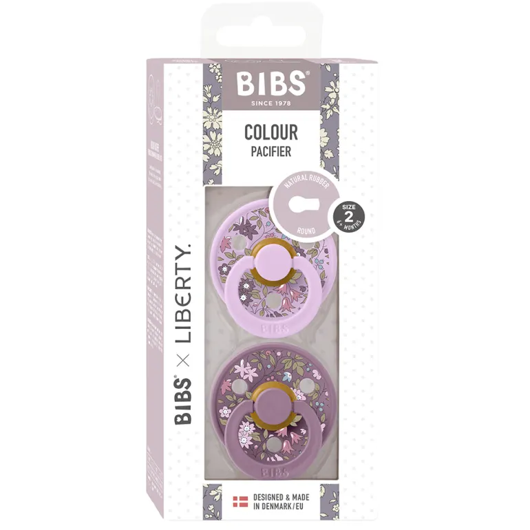 Bibs Liberty, 2-Pack Colour, Natural Rubber Pacifiers, Size 2 – Chamomile Lawn – Violet Sky Mix