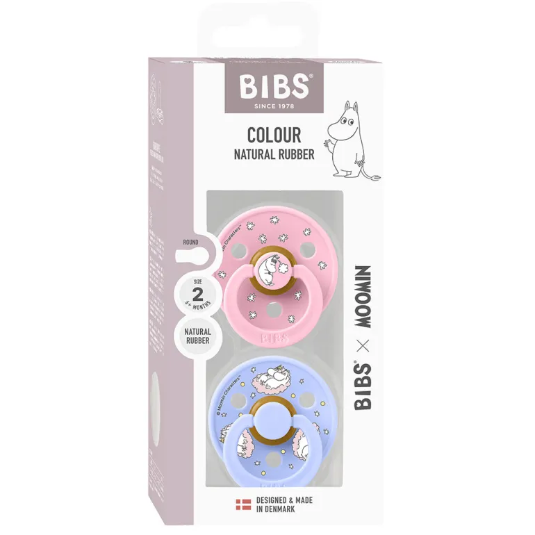 Bibs Natural Rubber Pacifier, 2-Pack, Size 2 - Moomin, Dreaming - Baby Pink Mix