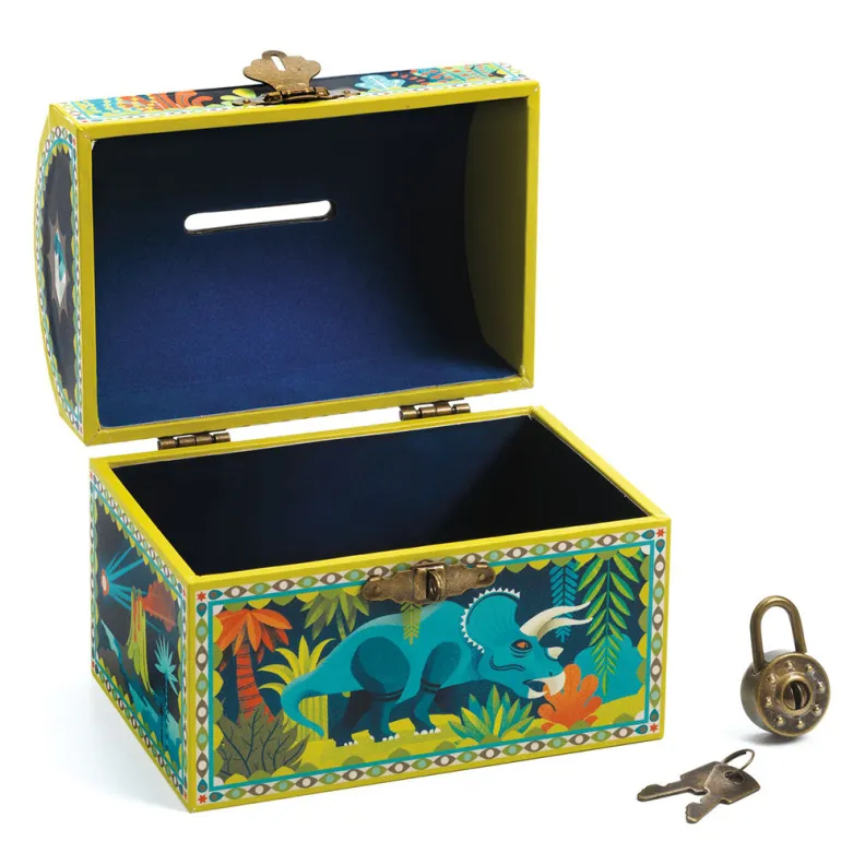 Djeco Piggy Bank, Treasure Chest with Dinosaurs and Lock