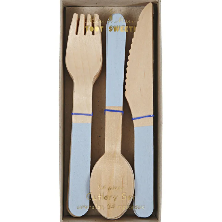 Meri Meri Wooden Cutlery, Toot Sweet - Blue - 24 Pieces