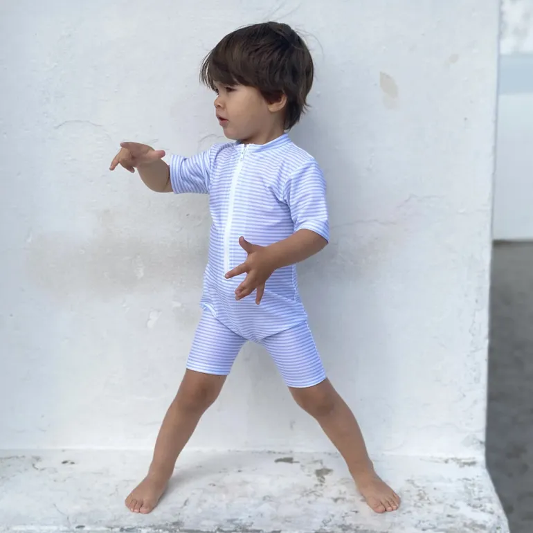 Petit Crabe UV Suit with Zipper, Natsu, Baby Blue/White – For ages 0 to 8 years