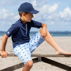 Petit Crabe UV Swim Top with Zipper and Short Sleeves, Max, Blue – For Ages 1-10