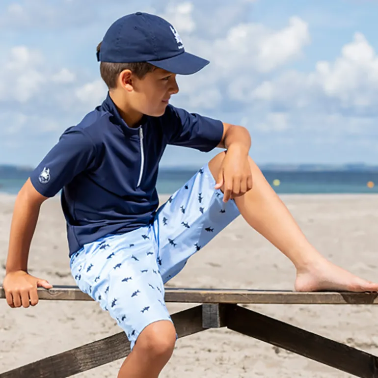 Petit Crabe UV Swim Top with Zipper and Short Sleeves, Max, Blue – For Ages 1-10